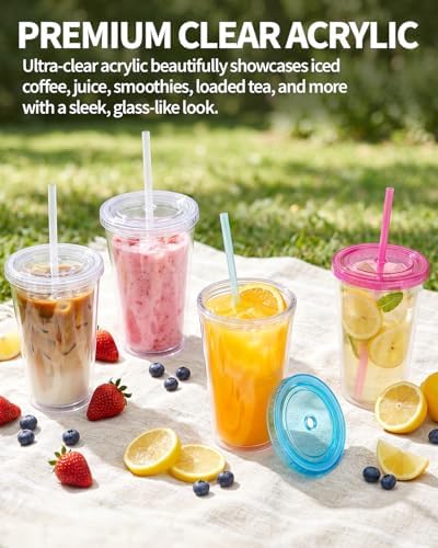 Zukro Clear Double Wall Plastic Tumbler with Lid and Straw 16 oz, 2 Pack