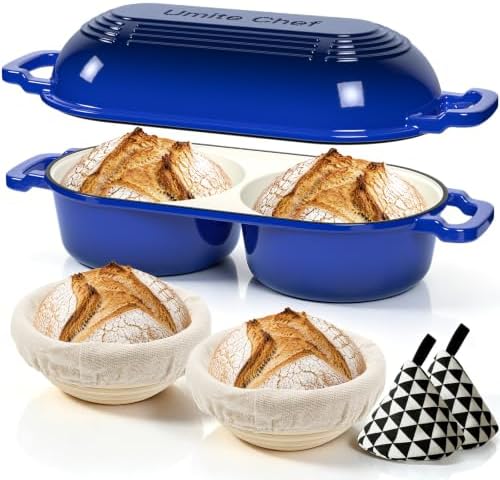 Umite Chef Mini Double Dutch Oven for Sourdough Bread Baking - Enameled Cast Iron Dutch Oven Pot with Lid and 5" Banneton Bread Proofing Basket Kit, Dual Round Bread Loaf Pan for Bread Baking (Blue)