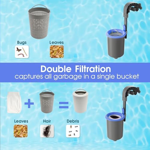 TidyMister Above Ground Pool Surface Debris Skimmer Basket with Pre‑Filter Socks for Intex Pools, Quick Set Up & Adjustable Mounting Bracket for 800+ GPH Pumps, Automatically Removes Leaves & Debris