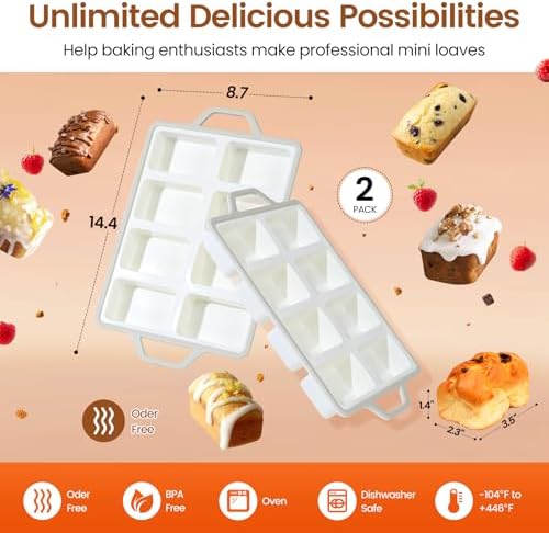 SJ 2 Pack Gray 8-Cavity Mini Silicone Loaf Pans, BPA-Free Reinforced