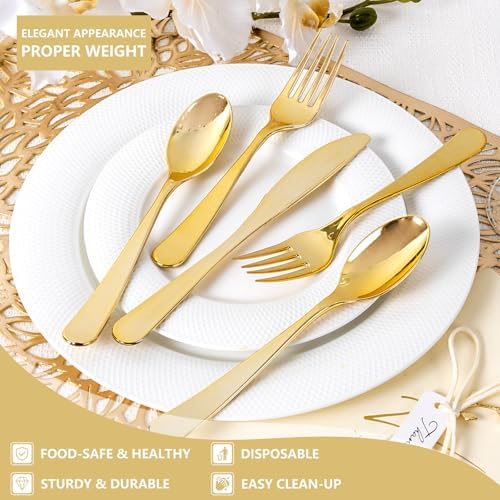150PCS Gold Plastic Silverware Set Heavy Duty for Weddings