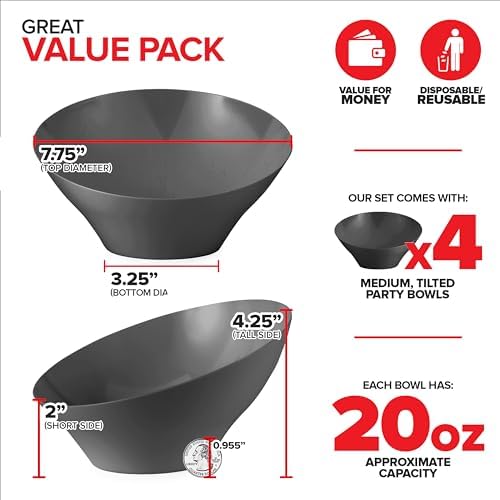20oz Black Plastic Serving Bowls (4 Pack) Medium Disposable Snack Bowl Candy Dishes, Buffet Containers for Chips, Popcorn, Snacks, Mints, Salad Bar, Parties, Office Desk, Bridal Shower, Party Supplies