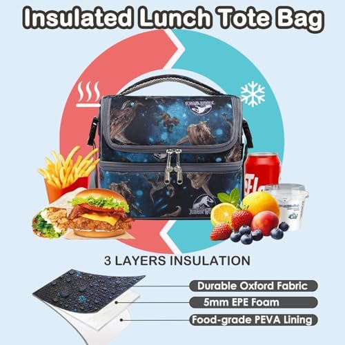 FlowFly Double Decker Cooler Insulated Lunch Bag Large Tote for Boys, Girls, Men, Women, With Adjustable Strap, MyDinosaur