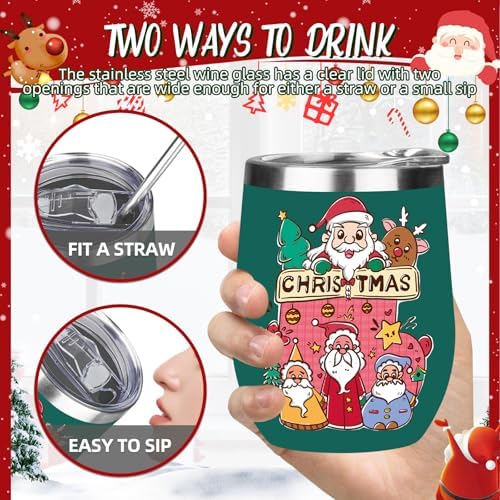 Christmas Wine Tumbler 12 oz Stainless Steel Wine Tumble Insulated Wine Tumbler with Lid Christmas Wine Glass Gifts with Straw and Brushes for Women Men Xmas Wedding Party (Green)