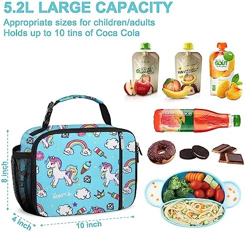 esouler Lunch Box Kids Insulated Lunch Bag for Boys & Girls Durable Children Lunchbox for School with Water Bottle Holder-Blue Unicorn