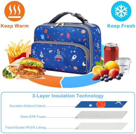 FlowFly Kids Lunch box Insulated Soft Bag Mini Cooler Back to School Thermal Meal Tote Kit for Girls, Boys, Astro&Rocket