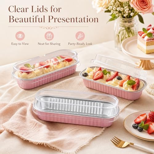 50 Pack Pink 6.8oz Mini Cake Pans with Lids, Spoons & Stickers