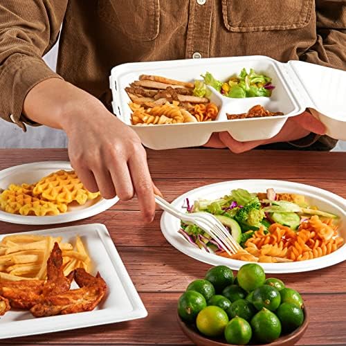 ECOLipak 50 Pack Compostable Take Out Food Containers, 8 inch,3 Compartment