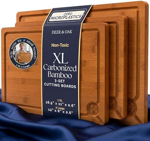 Pre-Oiled, Non Toxic 3-Piece Carbonized Bamboo Cutting Board Set