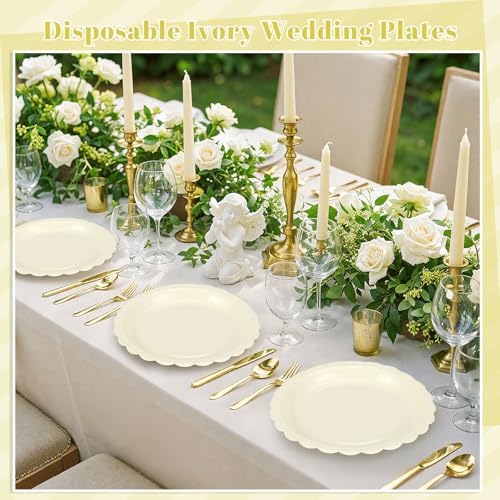 NatNarr 30 Pcs Ivory Paper Plates 9 Inch Disposable Scalloped Cream Plates Cute Beige Wedding Dessert Cake Plate Party Dinner Plate for Engagement, Baby Bridal Shower (Pack of 3)