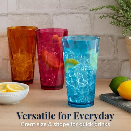 US Acrylic Optix Plastic Reusable Drinking Glasses (Set of 8) 20oz Water Cups in Jewel Tone Colors | BPA-Free Tumblers, Made in USA | Top-Rack Dishwasher Safe (Pack of 3)