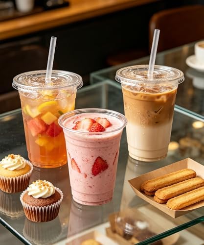 Ginkgo 50 Pack 16 oz Clear Plastic Cups with Lids and Straws