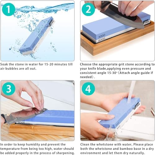 Knife Sharpening Stone Kit - Whetstone Grit 400/1000 3000/8000 Premium Knife Sharpener Wet Stone Set with Bamboo Base Angle Guide Leather Strop Flattening Stone Silicon holder