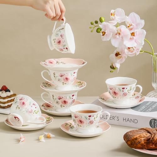 6oz Floral Porcelain Tea Cup & Saucer Set of 6, Pink Rose, Party