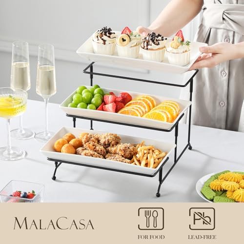 MALACASA 3 Tier Serving Trays, White Porcelain Serving Platters, 12 Inch