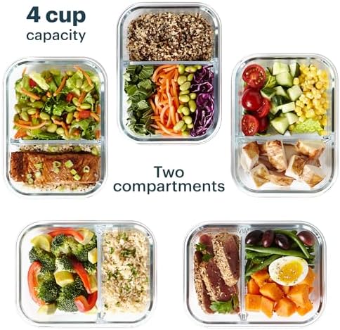 Pyrex Glass Meal Box (5-Pack, 4 Cup) Divided Compartments, Locking Lids
