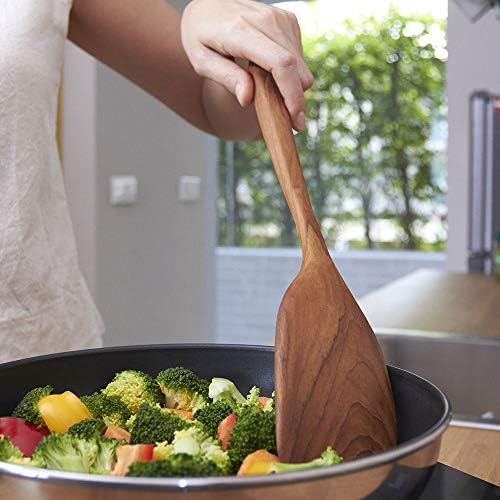 FAAY 13.5” Left-Hand Stir Fry Spatula – True Left-Hand Angled Teak Wooden Turner for Wok & Nonstick Pans, Natural Coconut Oil Finish, Handcrafted Wood Tool for Stirring & Flipping