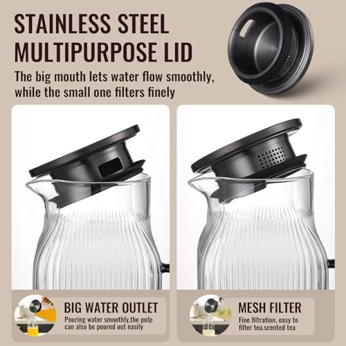 2 Pack 2 Liter/68 oz Square Glass Pitcher with Lid, Classic Stripes Water Pitchers with Handle for Fridge, Large Jug for Iced Tea, Coffee, Borosilicate Glass Carafe for Hot/Cold Brew Drink, Black