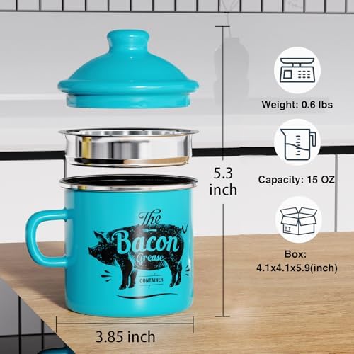 Bacon Grease Container with Strainer-15OZ Enamel Saver, Dishwasher Safe