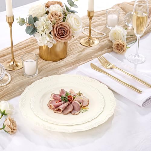 Tinybee 60PCS Ivory Plastic Plates - Heavy Duty Ivory Disposable Plates