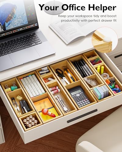12-Piece Bamboo Drawer Organizer Set, 24 Compartments Modular Storage