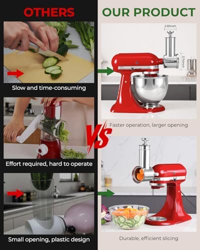 RAFBAR Slicer Shredder Attachment for KitchenAid Stand Mixer | 75mm Wider Blade Cheese Grater Attachment for KitchenAid, 60mm Large Feed Chute, 3 Drum Blades, Salad Maker, Dishwasher Safe