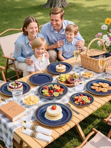 WDF Partyware 175PCS Blue and Gold Plastic Plates - Navy Blue Plates with Pre Rolled Napkins for Party - 25Guest Disposable Dinnerware Sets for Party/Birthday/Wedding