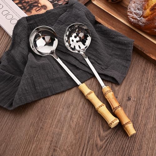 Soup Ladle and Slotted Spoon Set, 304 Stainless Steel Serving Utensils with Natural Bamboo Handle, Soup Spoons For Serving Gravy Hot Pot Or Restaurant, 10.2 Inch, 4 PCS / 2 of Each