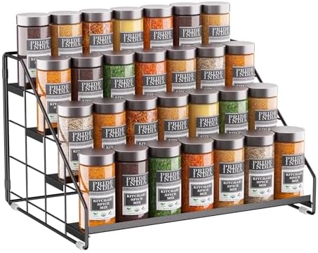 Spice Rack Organizer for Cabinet, 4 Tiered Spice Rack Organizer, Tiered Adjustable Spice Shelf for Kitchen Countertop Organization, Bright Black