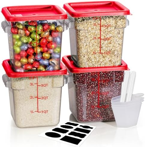 4QT 4PCS NSF Commercial Clear Food Storage Containers with Lids(RED)