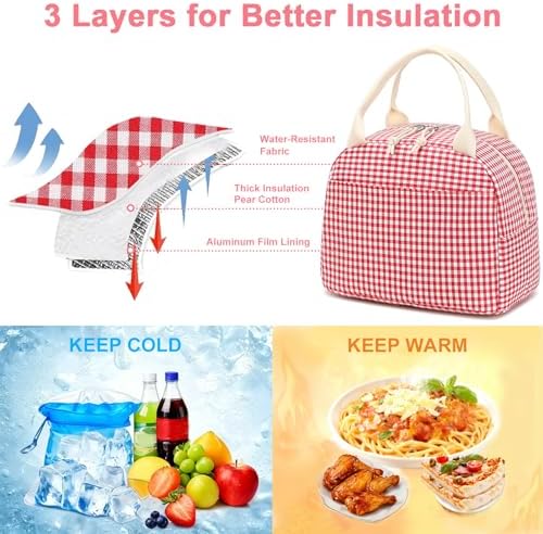 Bluboon Lunch Box for Women Cute Lunch Bag Reusable Insulated Lunch Bags Large Capacity Lunchbox Cooler for Work Picnic or Travel Gifts (Red White grid, 10 x 7.5 x 8 inches)