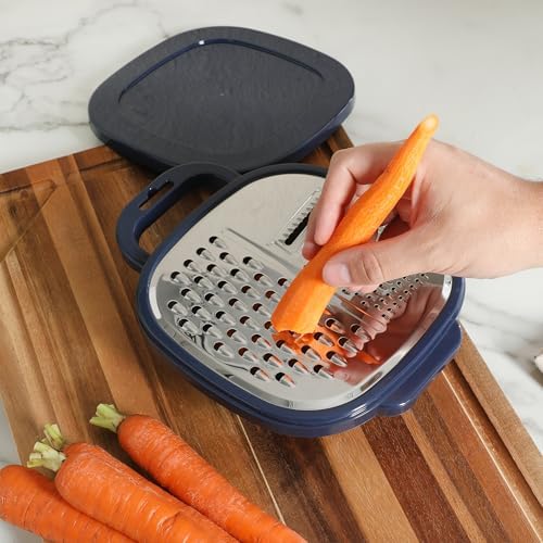 Oster Bluemarine Flat Grater Set – Stainless Steel Food Grater with Storage Container and Lid, Compact Kitchen Tool for Cheese, Veggies, Carrots