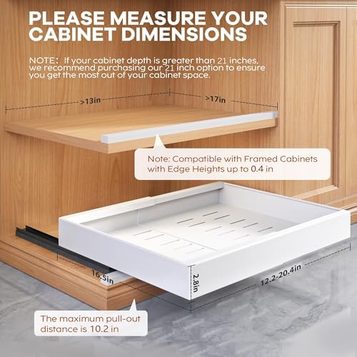 Seinloes 2 Pack Expandable Pull Out Cabinet Organizer 16.5"Deep with Raising Pad for Framed Cabinets,Upgrade 3 Slide Rails Slide Out Drawers,Roll Out Shelves Adhesive,Adjustable Width 12.2"-20.4"White