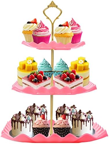 DAFURIET Plastic Dessert Cupcake Stand, 3 Tier Cupcake Tower Holder, Pink