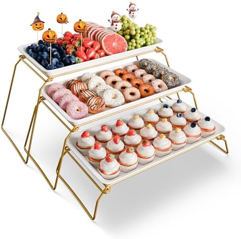 Bumusty Large 3-Tier Melamine Serving Tray Set, 17 x 8.7 in, Gold Stand