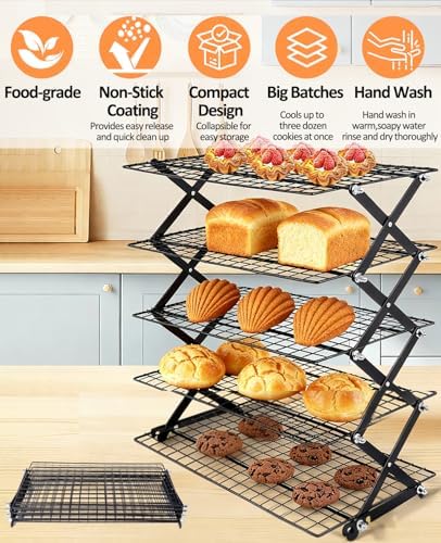 5 Tier Collapsible Cooling Rack, 2/3/4/5-Tier Upgraded,Adjustable ＆ Stackable Baking Rack, 5 Modes Cooling Racks for Cooking and Baking, Roasting ＆ Grilling Gifts for Picnic Party
