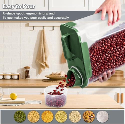 Komzon Rice Storage Containers, 20 lb Rice dispenser with Pouring Spout Large Bin for Flour, Pasta, Grain and Baking, Pet Dog Cat Bird Food Container Green