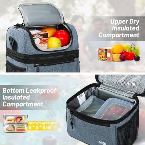 MIER Insulated Lunch Box Bags for Men Women, Dual Compartment, Bluesteel
