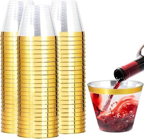 I00000 200 Pack Gold Plastic Cups, 9 OZ Elegant Gold Rimmed Plastic Cups