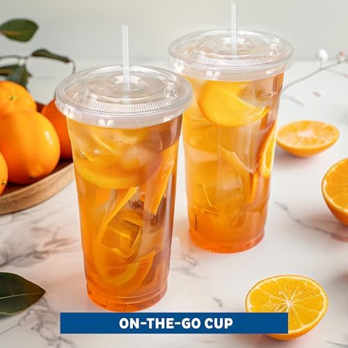 Freshware Clear Plastic Cups with Flat Lids and Straws [100 Cups - 24 oz] Disposable Tumblers for Iced Coffee, Smoothie, Milkshake, Cold Drinks