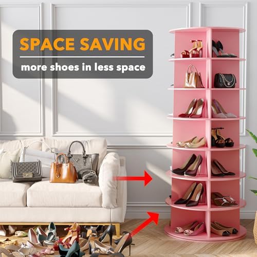 SpaceAid 7 Tier Rotating Shoe Rack Tower, Spinning Shoe Display Lazy Susan, Revolving 360 Shoe Rack Storage Round Carousel, Vertical Handbag Rotate Shoes Closet Organization (7-Tier Pink)