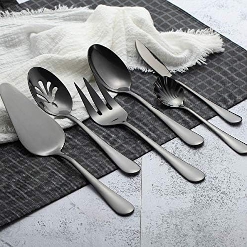 Berglander Stainless Steel Black Titanium Plated Flatware Serving Set 6 Pieces, 5 Serving Pieces of 45 Pieces Flatware With 1 Cake Server, Serving Silverware Set (Shiny Black)