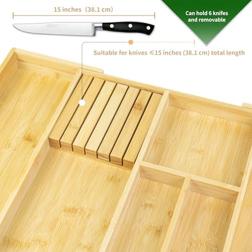 VaeFae Bamboo Silverware Drawer Organizer, 6 Slots, Natural