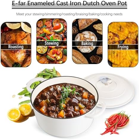 E-far 7QT Enameled Dutch Oven, Cast Iron Dutch Oven Pot with Lid for Cooking/Bread Baking/Braising/Roasting/Stewing, Heavy Duty Round Nonstick Cookware Safe for Induction & Oven - White