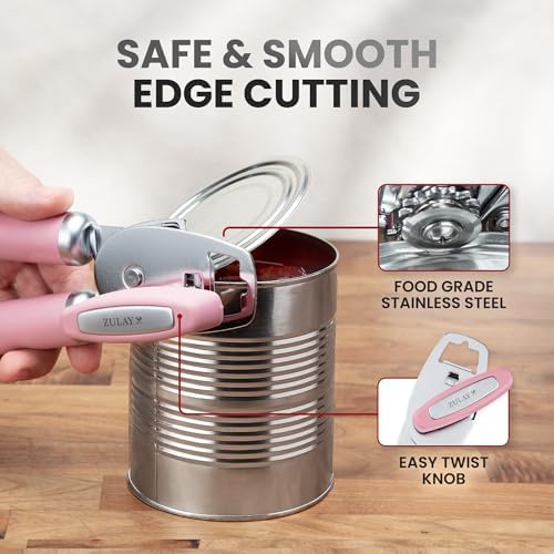 Zulay Kitchen Manual Can Opener Heavy Duty Patented Stainless Steel, Pink