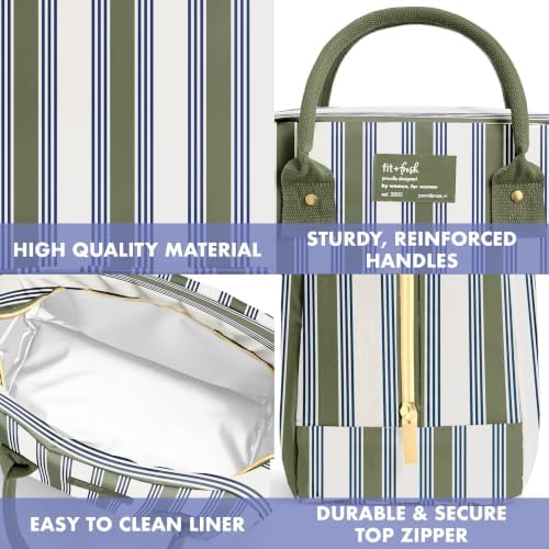 Fit & Fresh Bloomington Lunch Bag for Women - Insulated Large Lunch Box for Work with Containers, Leak-Resistant, Stain-Resistant, Zipper Closure, Ticking Stripe Olive