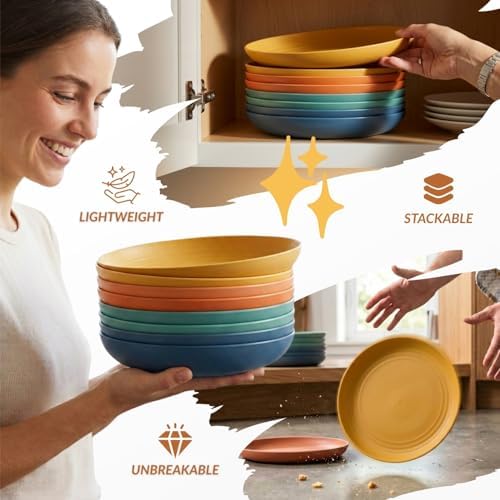 Homienly Deep Dinner Plates Set of 8 Alternative for Plastic Plates Microwave and Dishwasher Safe Wheat Straw Plates for Kitchen Unbreakable Kids Plate Set with 4 Colors (Classic Bright, 9 inch)