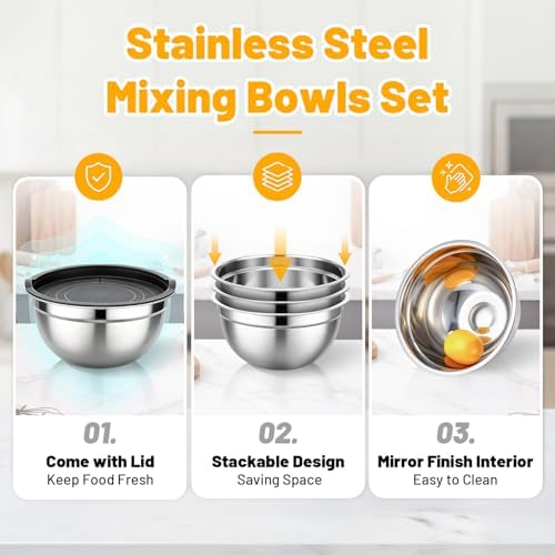 Beasea Stainless Steel Mixing Bowl Set of 3, 2 QT Stackable Metal Mixing Bowls with Lids for Baking, Prepping, Serving, Stainless Nesting Bowl with Black Lids for Kitchen, Salad, Dough