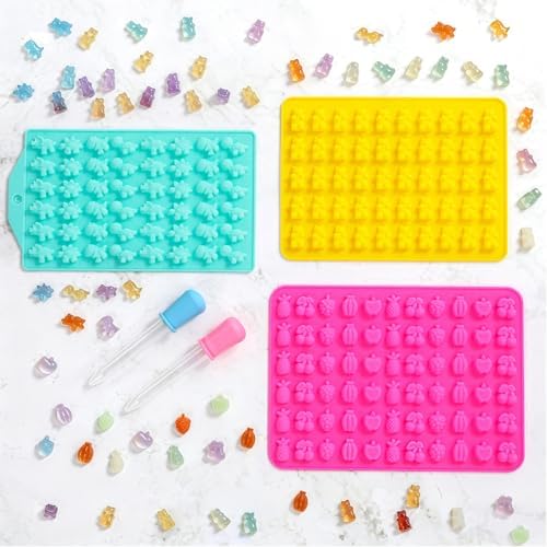Gummy Candy Molds with 2pcs Droppers, Silicone Bear Dinosaur Fruit Snack Molds, Non-stick Silicone Chocolate Molds for Gummies Candy Chocolate Baking