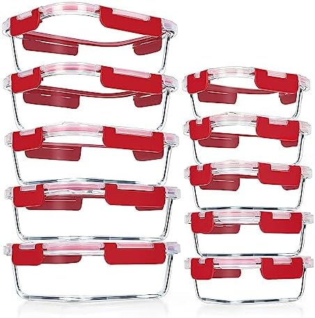 VERONES 10 PACK Glass Meal Prep Containers Set with Lids, Red